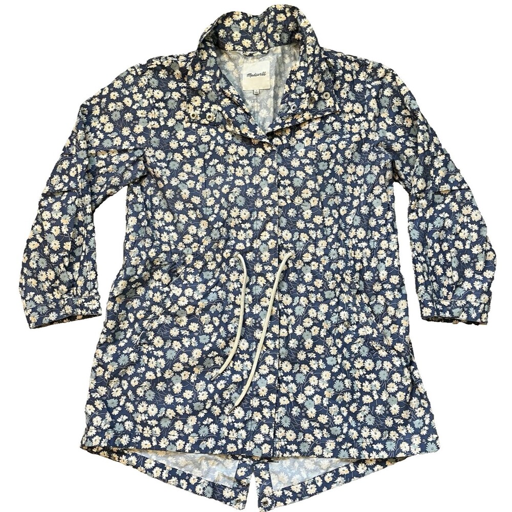Madewell Womens Large Ruffle Neck French Floral Raincoat Anorak Drawstring Snap